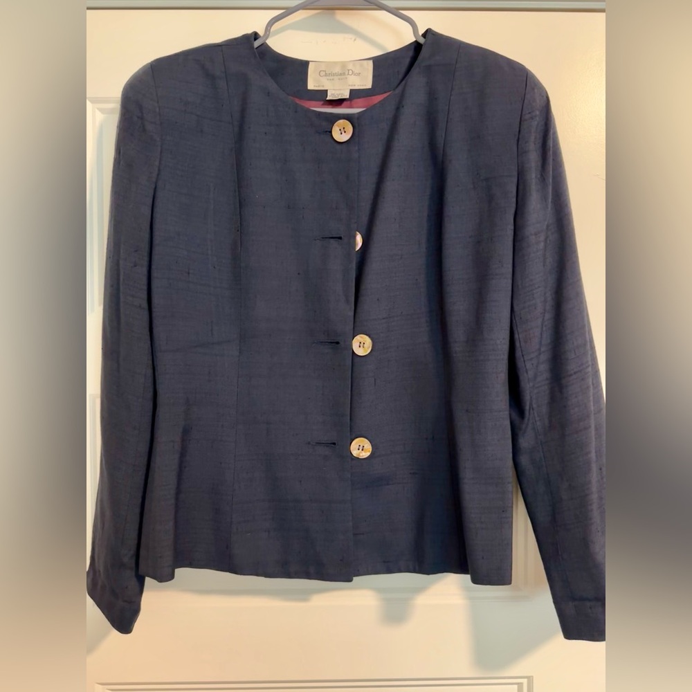 Vintage Women’s Christian Dior The Suit Tailored Jacket Navy Linen MOP Buttons